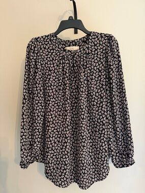 LOFT Black Paisley-Print Long Sleeve Blouse